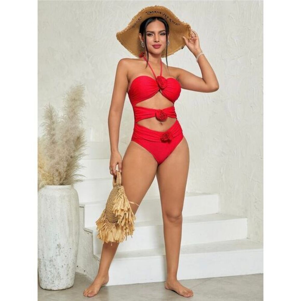 Women's Halter Neck 3D Flower Decoration Sexy One-Piece Cut Out Swimsuit Bathing